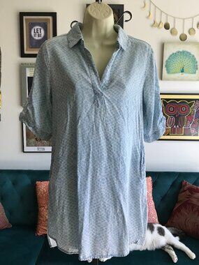 CHELSEA & THEODORE size S Chambray Blue Print Tencel Denim Tunic Shirt Dress